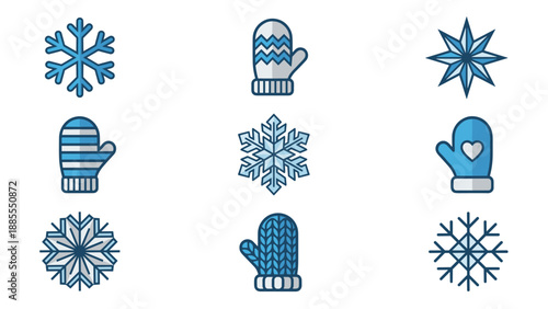 Collection of 9 Winter Icons Featuring Unique Snowflakes and Cozy Mittens in a Clean Blue and White Geometric Style, Perfect for Seasonal Holiday Graphic Design, Web UI Elements, and Festive Decor.