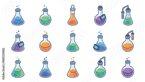 Science laboratory flask icons set. Modern isometric glassware collection. Chemistry research equipment. Colorful liquid beakers. Medical experiment tubes. Pharmaceutical analysis.