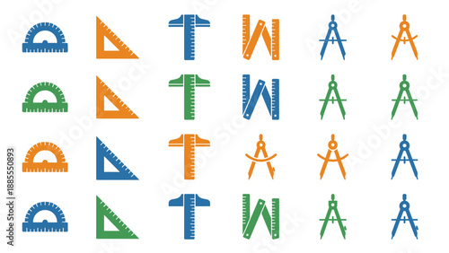 Set of Flat Vector Icons Representing Mathematics and Drafting Tools Like Ruler, Compass, Protractor, T-Square, and Set Square for Educational, Engineering, and Architectural Design Projects.