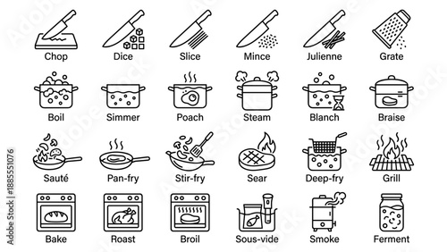 Cooking techniques culinary icon set. Knife cut chop dice slice mince julienne grate boil simmer poach steam blanch braise sauté pan-fry stir-fry sear deep-fry grill