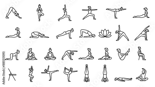 Yoga pose icon set. Meditation stretching exercise collection. Minimalist line art fitness symbols. Wellness routine asana silhouette. Mindfulness practice workout