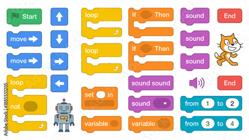 Coding for kids icon set. Visual programming blocks. STEM education logic. Block-based interface. Learning code. Game development tools. Flat symbols. Robot. Computer science loops.