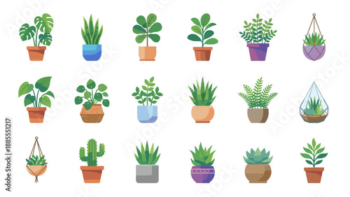 Indoor houseplant collection modern gradient style. Potted plant icon set. Home garden decor. Monstera snake fern succulent cactus. Botanical greenery illustration
