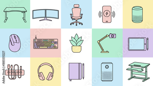 Smart office desk setup icon set. Workspace equipment technology. Computer keyboard mouse monitor speaker plant chair. Home office essentials flat design vector illustration