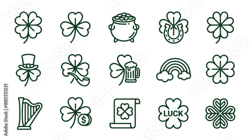 St. Patrick's Day vector icon set. Outline symbols. Lucky shamrock clover, pot of gold, leprechaun hat, rainbow, beer, harp. Irish holiday festival celebration linear art pack.