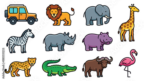 Safari animals wildlife vector icon set with jeep vehicle. Colorful flat design African fauna symbols. Zebra giraffe lion elephant rhino hippo collection grid