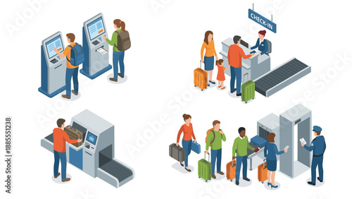Airport check-in process scenes. Self-service kiosk terminal. Security screening luggage scan. Counter desk staff passenger family travel isometric vector set