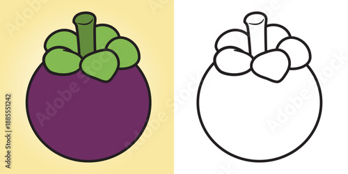 Cute mangosteen fruit illustration for kids coloring pages with simple bold lines. Main object and background are separate (not one layer), ideal for education, coloring books, and digital assets.