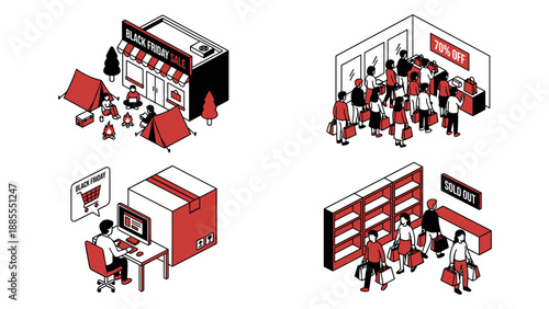 Black Friday sale shopping isometric scenes. Retail store crowd discount promotion. Online ecommerce consumer behavior. Empty shelves sold out frenzy