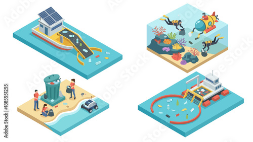 Ocean cleanup isometric vector set marine pollution control environmental conservation technology beach waste collection underwater ecosystem protection coral reef sustainable energy