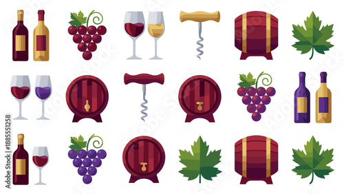Wine collection icon set. Bottles glasses grapes barrel corkscrew vineyard elements. Winery viticulture drink alcohol beverage tasting cellar vintage flat vector graphic