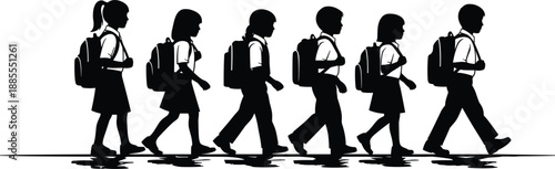 School children walking silhouette illustration, students with backpacks vector, education concept, back to school design, black and white artwork, minimal flat style