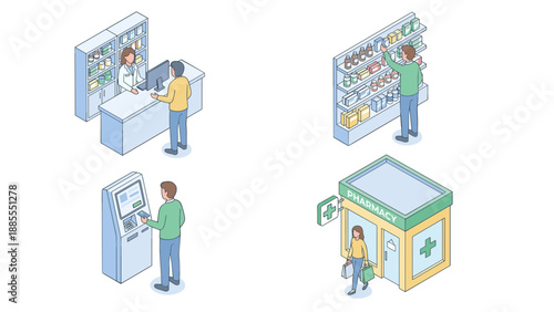 Isometric pharmacy shopping scene illustration set. Customer service counter drugstore shelf medication purchase. Healthcare retail store building exterior. Medical consultation vector collection
