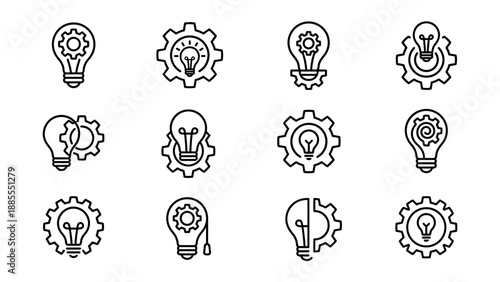 Startup innovation icon set. 12 minimalist line art symbols lightbulb gear technology business concept. Vector graphic resources creative idea development tools grid layout