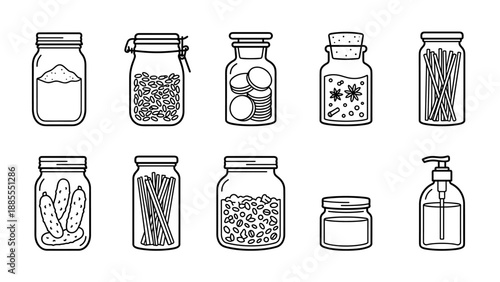 Set of 9 zero waste glass jar icons. Minimalist line art vector. Sustainable pantry storage. Eco friendly kitchen. Reusable bottles for food. Plastic free lifestyle concept.