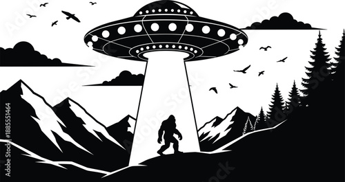 UFO abduction illustration, flying saucer over mountains, Bigfoot silhouette scene, alien encounter concept, sci fi mystery landscape, black and white vector art