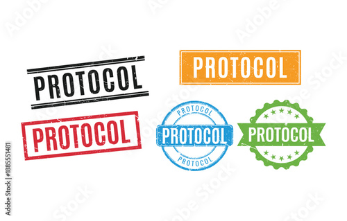 collection of various colorful protocol rubber stamps in different shapes and distressed grunge styles design