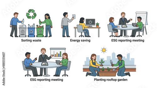 Sustainable office vector scene set: waste sorting recycling bins, energy saving power switch, ESG reporting business meeting, rooftop garden planting, eco workplace