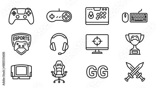 Collection of 12 esports and video game line icons. Minimalist vector symbols with controller, headset, trophy, monitor, keyboard, gaming chair, GG text, and swords. Uniform stroke outline design.