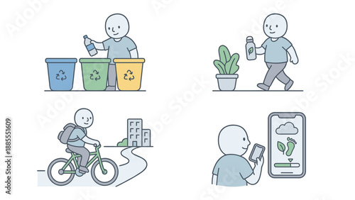 Eco lifestyle concept vector illustration. Simple outline design with soft rounded shapes showing sustainable habits like recycling, cycling, eco water bottle use, and carbon footprint tracking app.