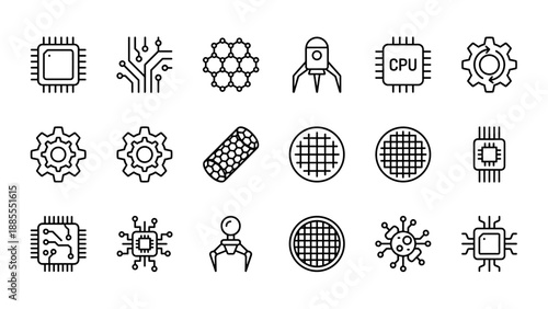 Nanotechnology and microchip line icons set. Minimalist vector design of semiconductor circuits, CPU processors, robotic arms, graphene, nanotubes, and technology gears. Uniform stroke width symbols.