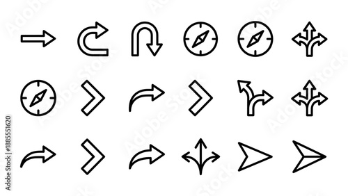 Set of 16 navigation and direction arrow line icons. Minimalist vector style with uniform stroke width. Compass, turn, pointer, and guide symbols arranged in an organized grid layout.