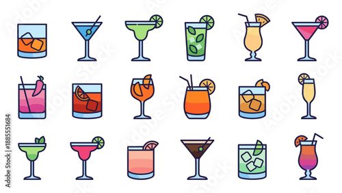 Cocktail icon set. Alcoholic beverages vector collection. Mixed drinks modern gradient style. Bar menu elements. Tropical summer party symbols. Martini margarita mojito. Line graphic.