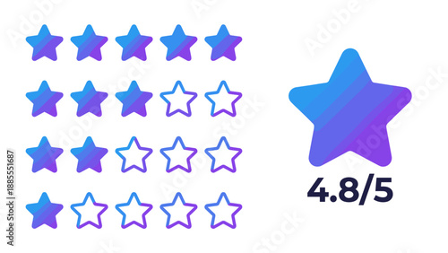 Customer review stars vector set. Modern gradient rating icons. Feedback ranking system. Five star quality mark. User experience design element. Application interface symbol ui ux.