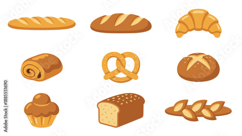 Bakery bread icons vector set. Fresh pastry food collection. Croissant baguette pretzel loaf bun. Flat design element for menu branding. Breakfast meal. Wheat dough. Tasty bakehouse.