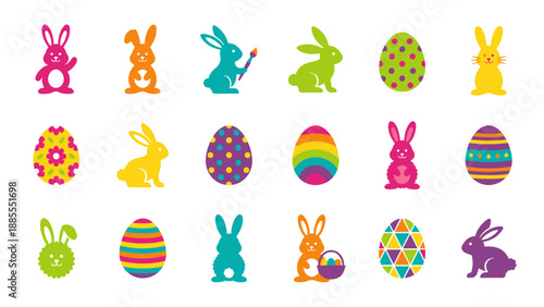 Easter bunny and egg vector icon set. Colorful spring holiday rabbit collection. Cute flat style illustration. Decorated eggs and bunnies. Happy Easter hunt elements. Seasonal art.