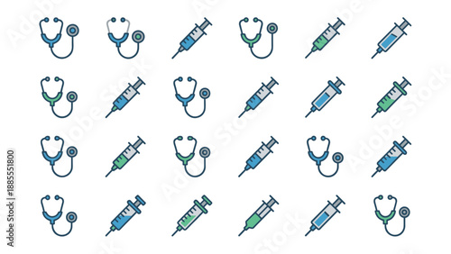 Medical icon set vector. Healthcare symbols collection stethoscopes and syringes. Doctor equipment for vaccination. Hospital instrument flat line art. Clinic tool signs. Care.