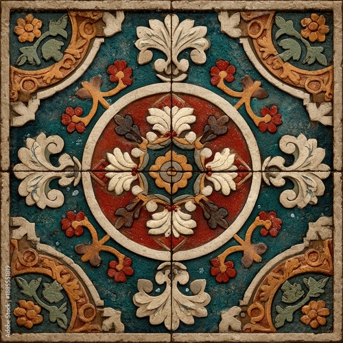 Intricate floral tile pattern in vibrant colors.
