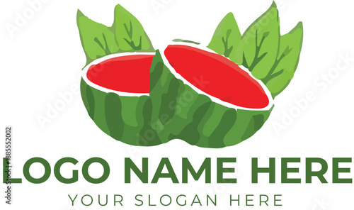 Citrus fruit logo vector with green leaves and ribbon banner for organic food or farm branding