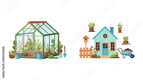 a greenhouse and a small house with garden and wheelbarrow