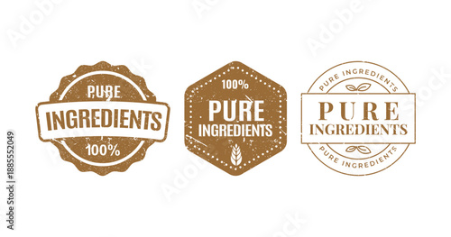 Collection of three vintage brown stamps for pure ingredients featuring circular and hexagonal shapes with texture