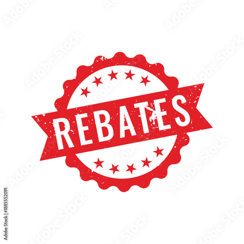 red circular grunge stamp with stars and rebates text for promotional financial incentives and savings