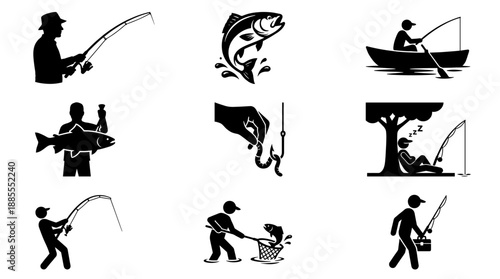 Gone Fishing People Silhouettes Vector Set: Fisherman Casting, Catching, Relaxing under Tree, Boating, Netting, Walking, and Holding Big Trophy Fish for Sport Hobby Icon