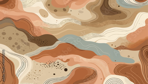 minimal seamless pattern of abstract soil layers and erosion lines, organic flowing shapes, low detail, flat vector, earth tone palette, calm aesthetic