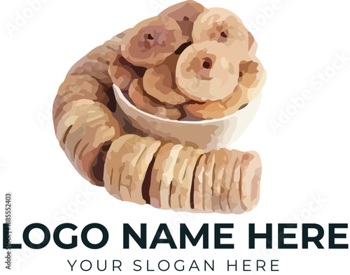 Citrus fruit logo vector with green leaves and ribbon banner for organic food or farm branding