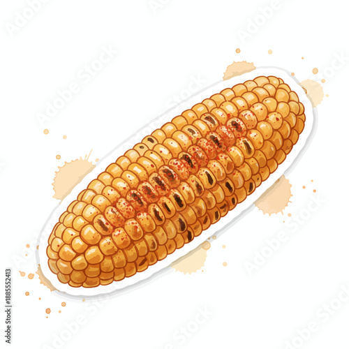 Illustration of grilled corn on the cob dusted with red seasoning on a white platter