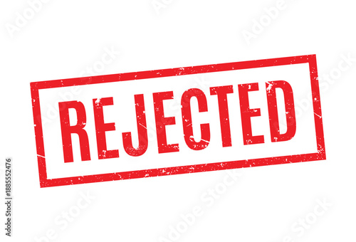 Bold red rectangular rejected stamp with heavy grunge texture isolated on a plain white clean background