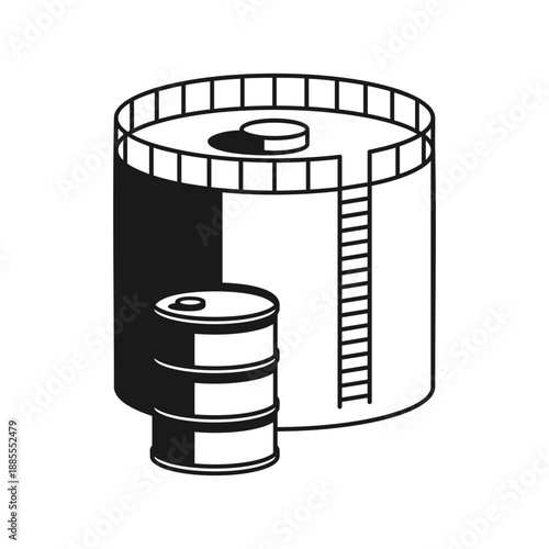 Oil storage - tank reservoir and barrel in monochrome decoration