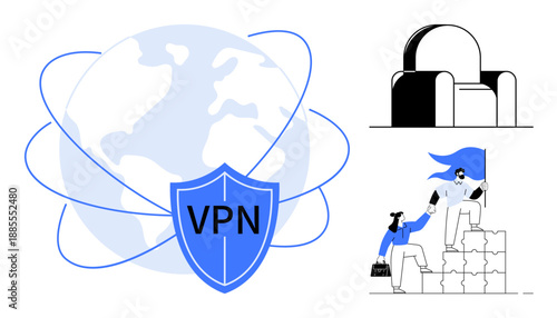 Internet security, teamwork, global connectivity, remote access, data protection, technology innovation. Globe with VPN shield, people collaborating and industrial setup. Internet security