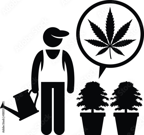 A person with a watering can growing cannabis plants in pots, concept illustration.
