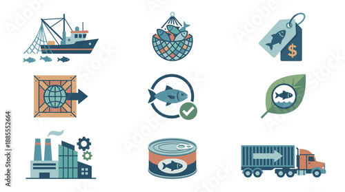 Gone Fishing Industry Vector Icons Set: Commercial Boat, Seafood Factory, Canned Food, Logistics Truck, Net, Sustainable Eco Fish, Export Crate, and Market Price Tag for Business