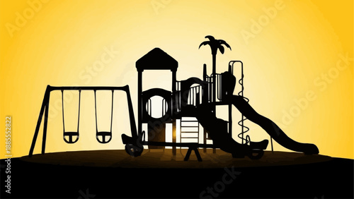 Silhouette of a vibrant childrens playground equipment at sunset.