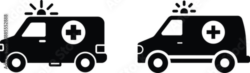 Two black silhouette ambulance icons with medical cross symbols and sirens on a white background