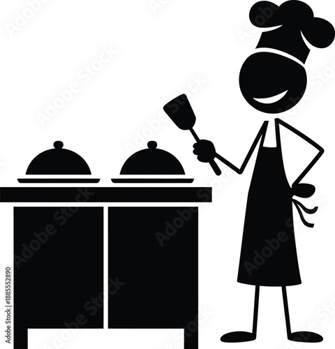 Cartoon chef with spatula and food covered dishes on a table