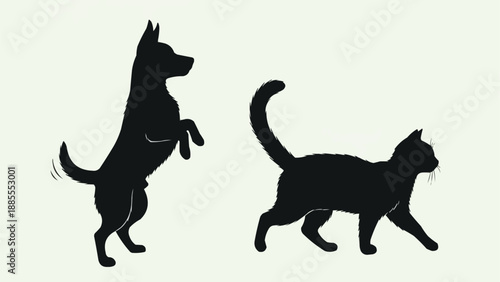 Silhouette of a playful dog and a walking cat.