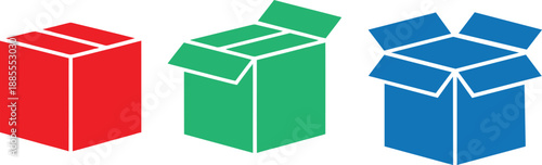 Three colorful cardboard boxes, one red, one green, and one blue